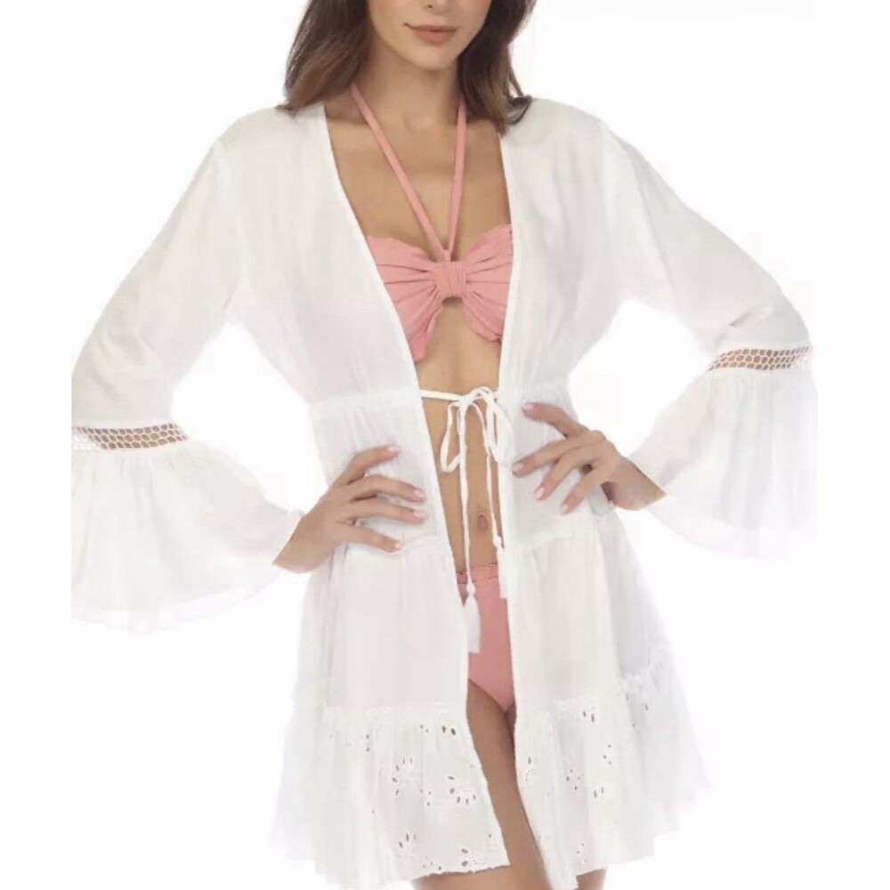 Raviya Lace-Inset Tie-Front Tiered Swim Cover-Up White Size Large NWT $48